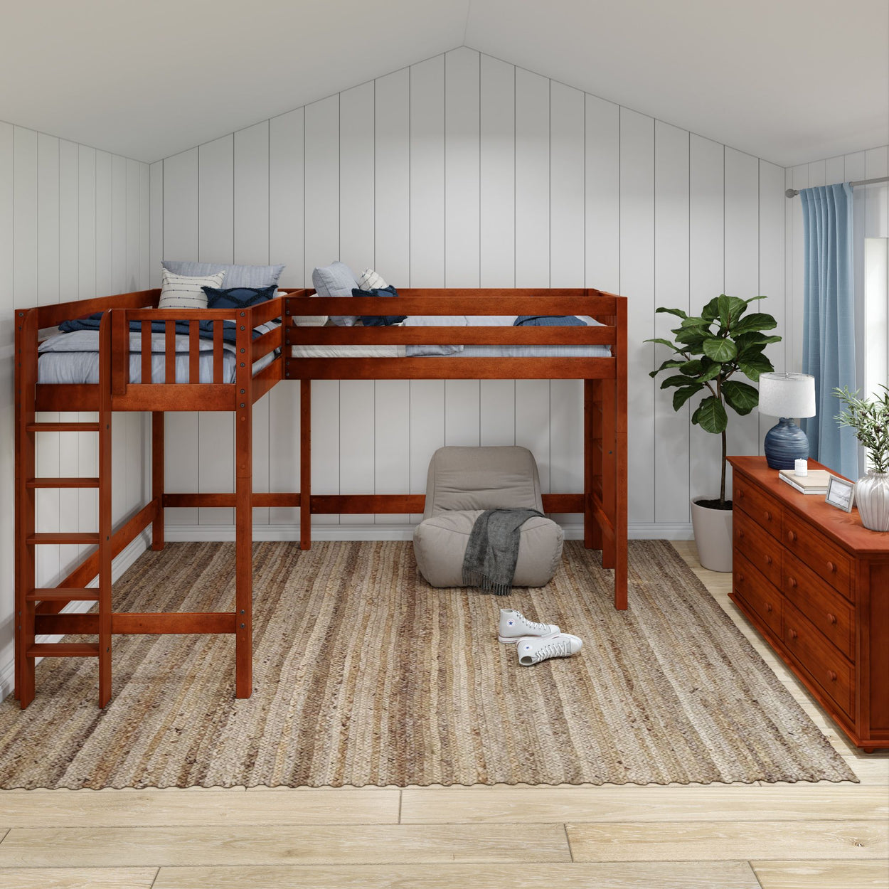 Loft bed with wood frame in cozy bedroom featuring a woven rug, bean bag chair, and potted plant for stylish decor.