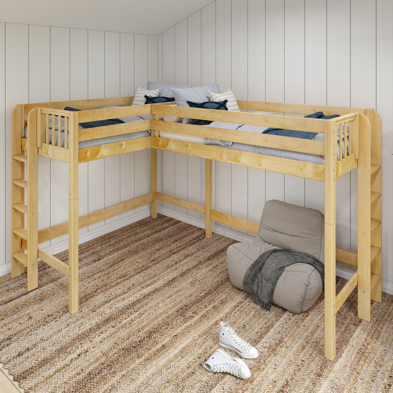 Wooden L-shaped loft bed with ladder in a cozy room setting featuring a soft carpet, cushioned chair, and casual sneakers.