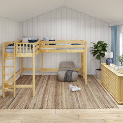 Loft bed in a cozy bedroom with neutral decor, featuring a natural wooden dresser, potted plant, and woven rug.