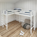 White corner loft bunk bed with navy and striped pillows against white shiplap wall, natural jute rug and lounge chair in modern kids' bedroom