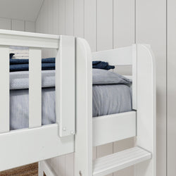 White bunk bed with blue bedding and wooden panel wall background.