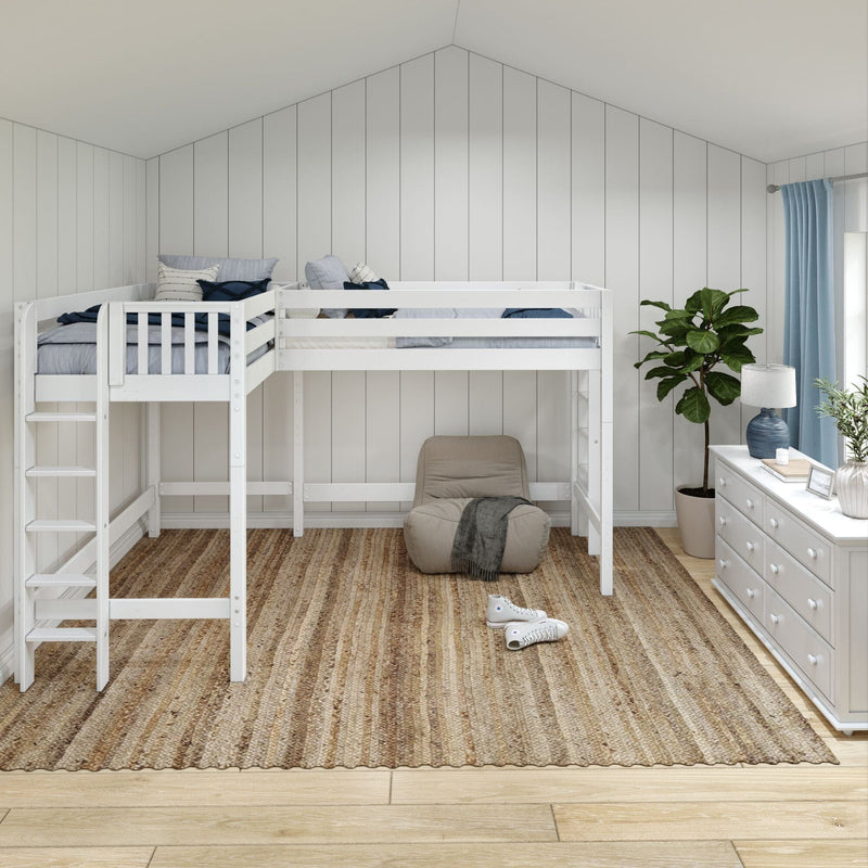 White loft bunk bed with ladder in a bright coastal farmhouse kids bedroom featuring shiplap walls, blue curtains, woven jute rug and potted fiddle leaf fig