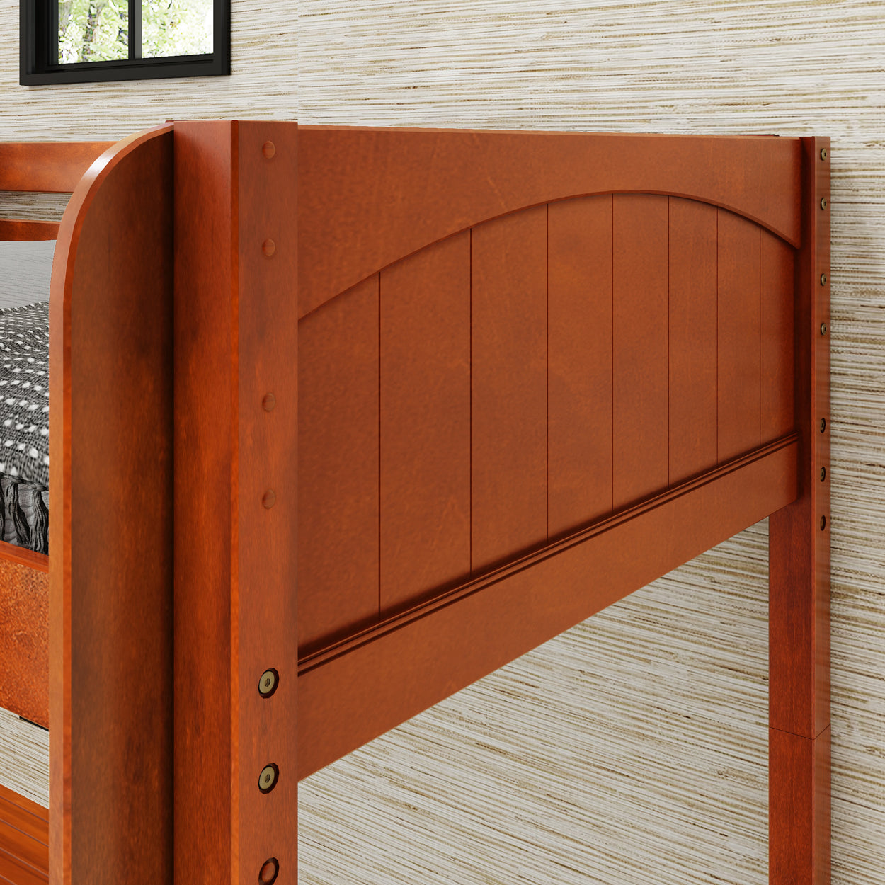 Wooden bunk bed with natural finish and decorative paneling against beige wallpaper background.