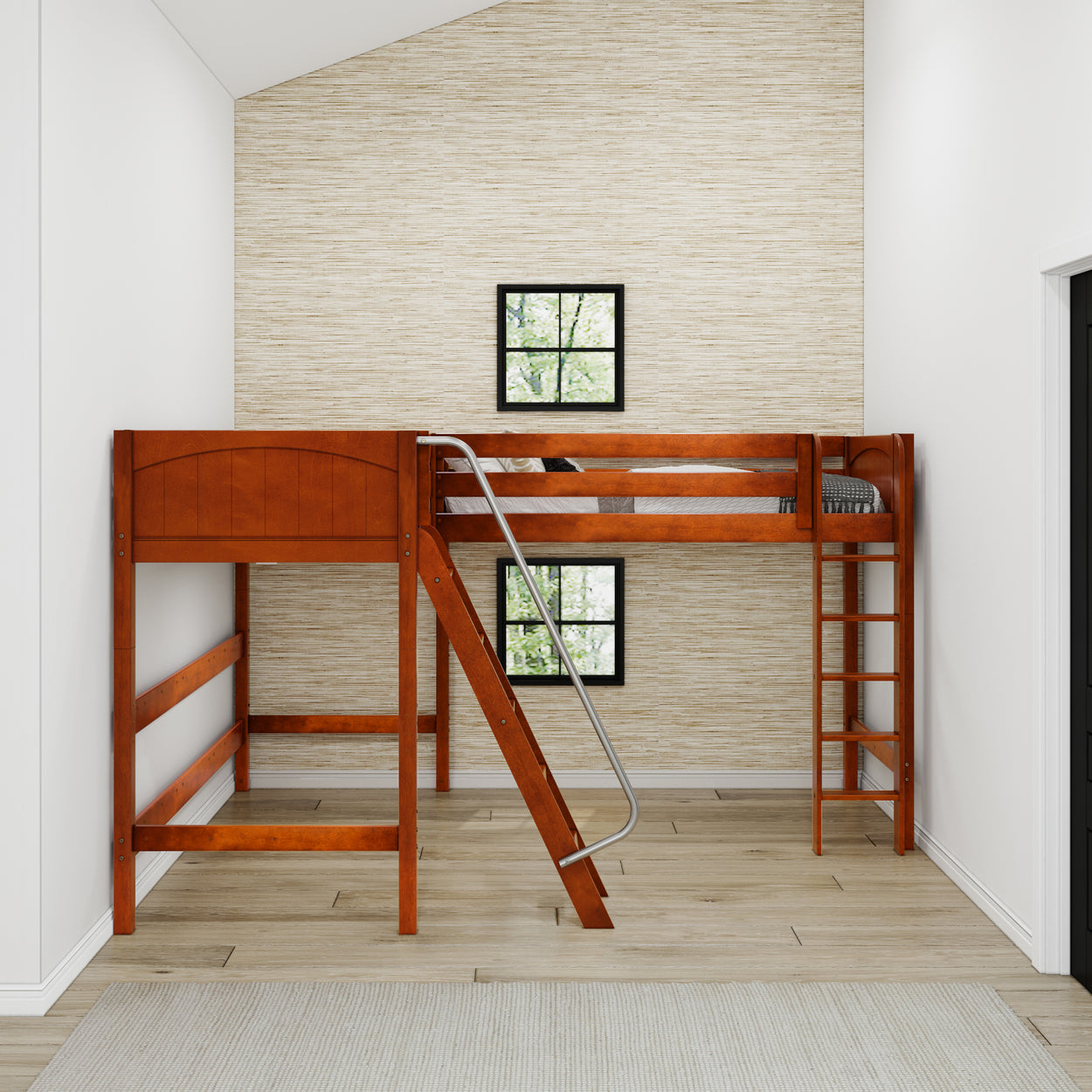 Wooden loft bed with ladder in modern bedroom setting.