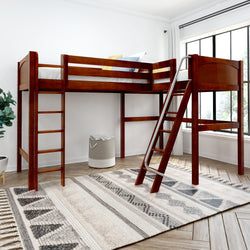 Loft bed with ladder in modern bedroom setting, featuring wooden finish and natural light from large window.