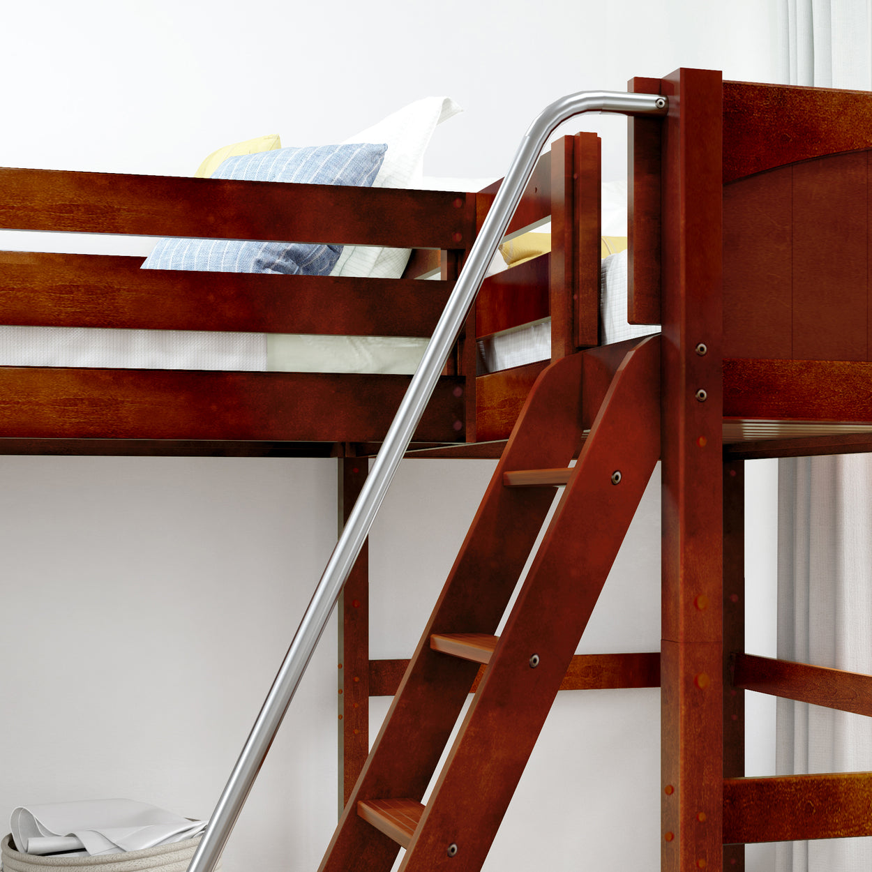 Wooden loft bed with metal railing and angled ladder in modern bedroom.
