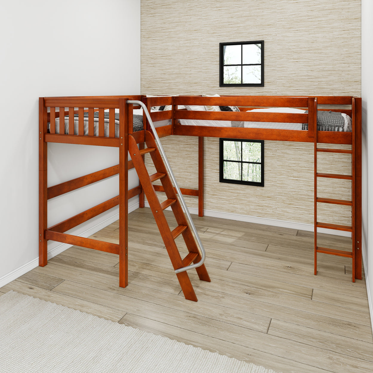 Loft bed with wooden frame and ladder in a modern bedroom setting.