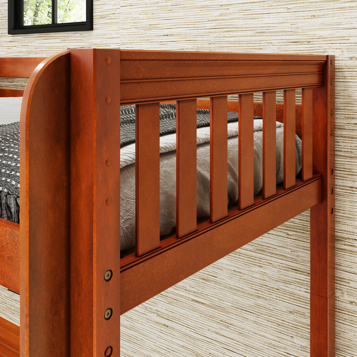 Close-up of a wooden loft bed frame in a bedroom.