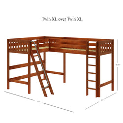 Twin XL over Twin XL L-shaped wooden loft bed with ladder and safety rails.