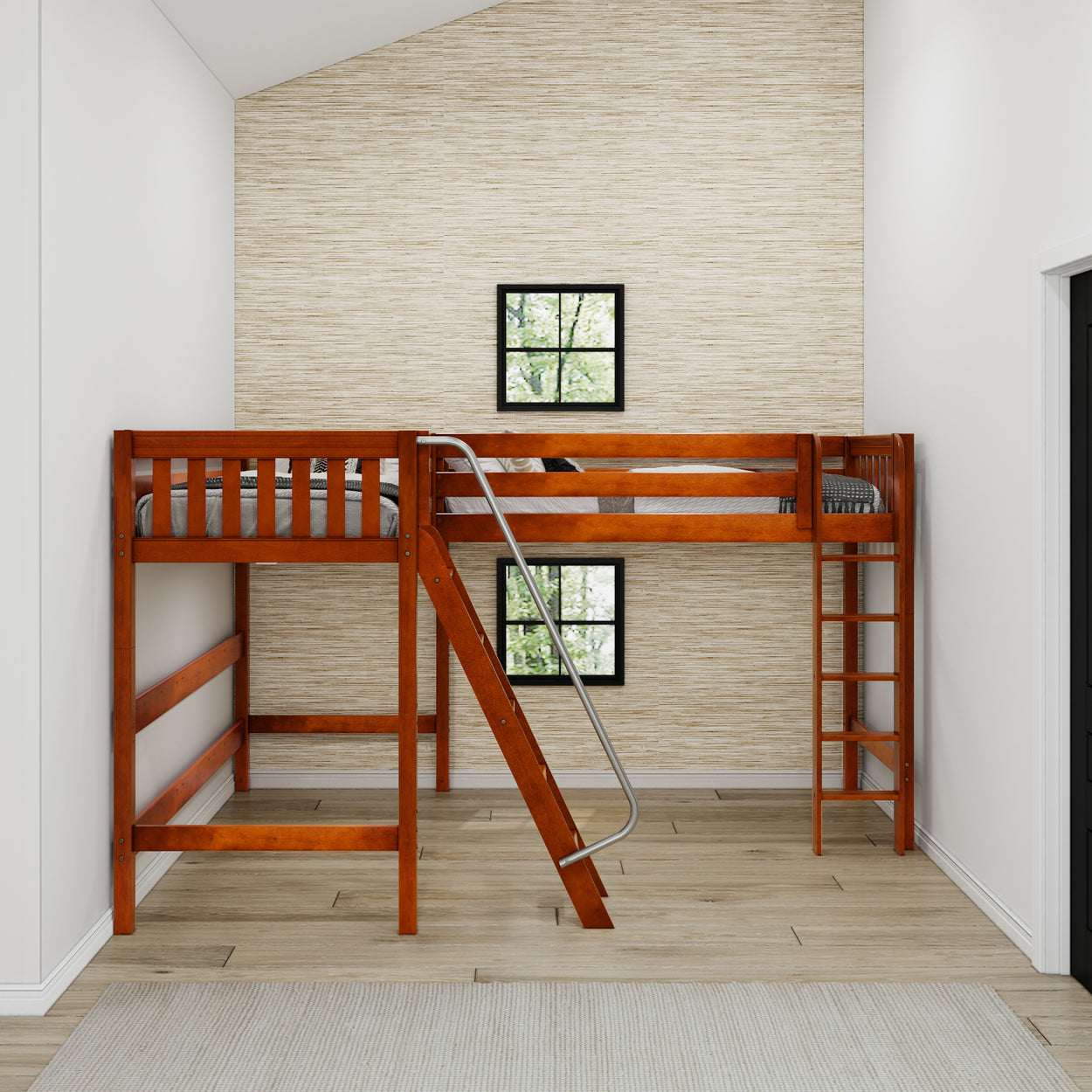 Wooden loft bed with ladder and railing in a modern bedroom.