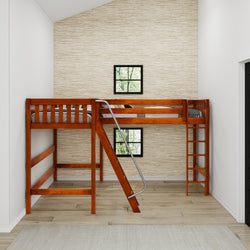 Wooden loft bed with ladder and railing in a modern bedroom.