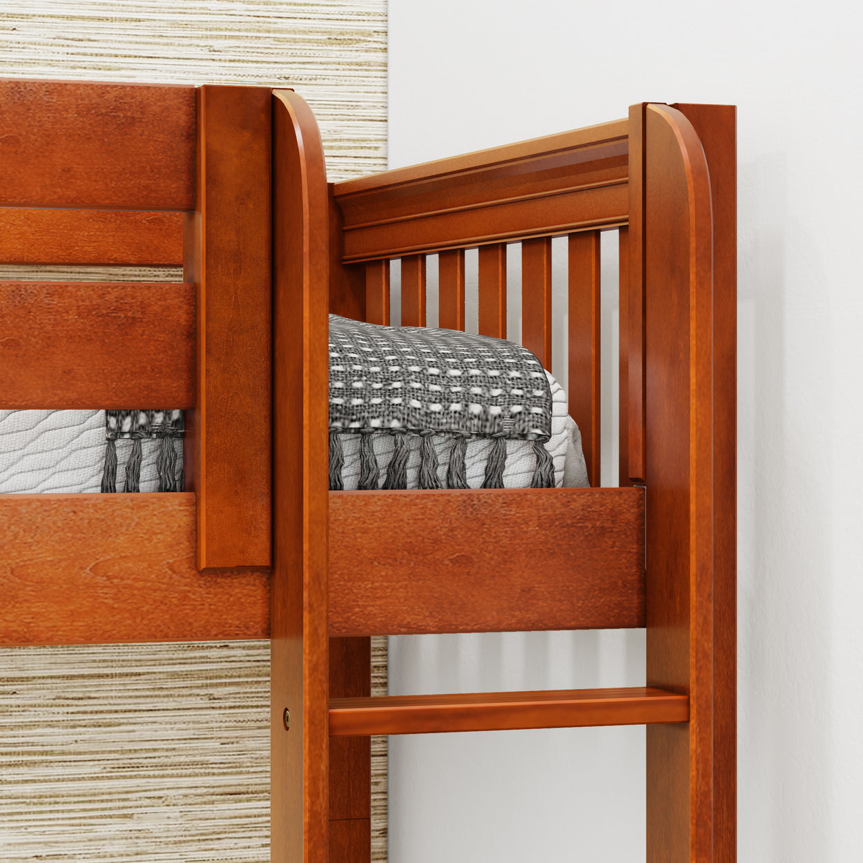 Wooden bunk bed frame with striped bedding in modern bedroom setting.