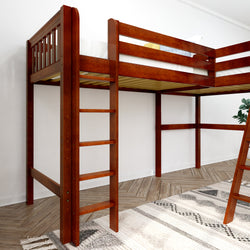 Wooden loft bed with ladder in modern bedroom décor.