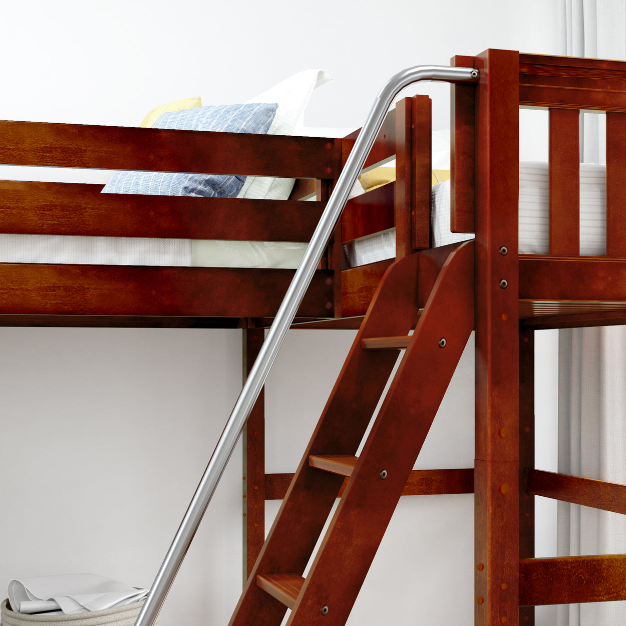 High-quality wooden bunk bed with ladder for kids' room.