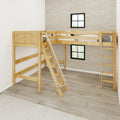 Natural wood loft bunk bed with ladder in children's bedroom, light hardwood floors and textured grasscloth wallpaper with black-framed windows