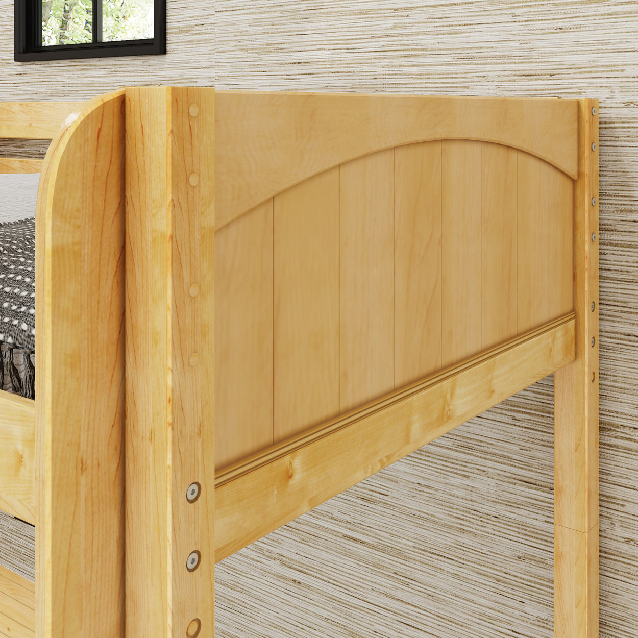 Wooden bunk bed close-up in a modern bedroom setting with textured wallpaper background.