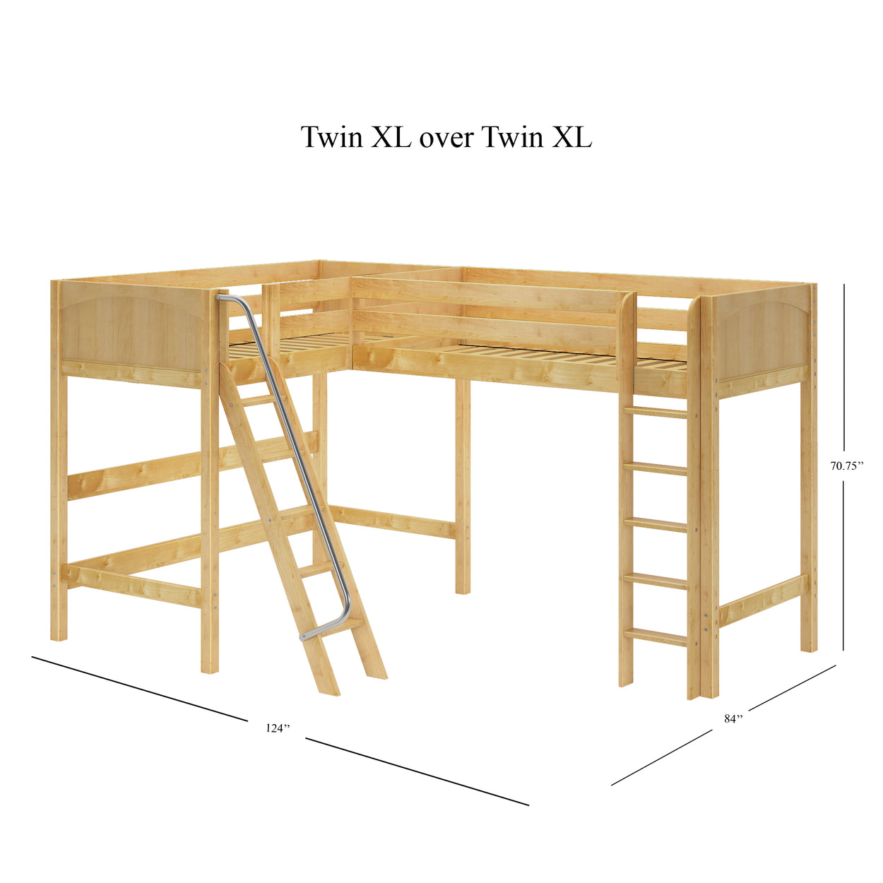 L-shaped wooden twin XL over twin XL loft bed with ladder and exact dimensions shown.