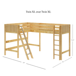 L-shaped wooden twin XL over twin XL loft bed with ladder and exact dimensions shown.