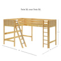 Solid wood Twin XL over Twin XL loft bed in natural finish with angled ladder and guardrails, 124 in x 84 in footprint and 70.75 in height — space-saving bunk for dorms, teens, and small bedrooms.