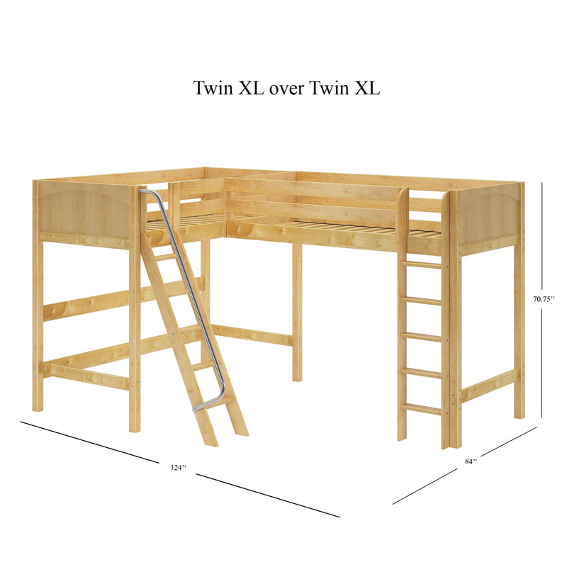 Solid wood Twin XL over Twin XL loft bed in natural finish with angled ladder and guardrails, 124 in x 84 in footprint and 70.75 in height — space-saving bunk for dorms, teens, and small bedrooms.
