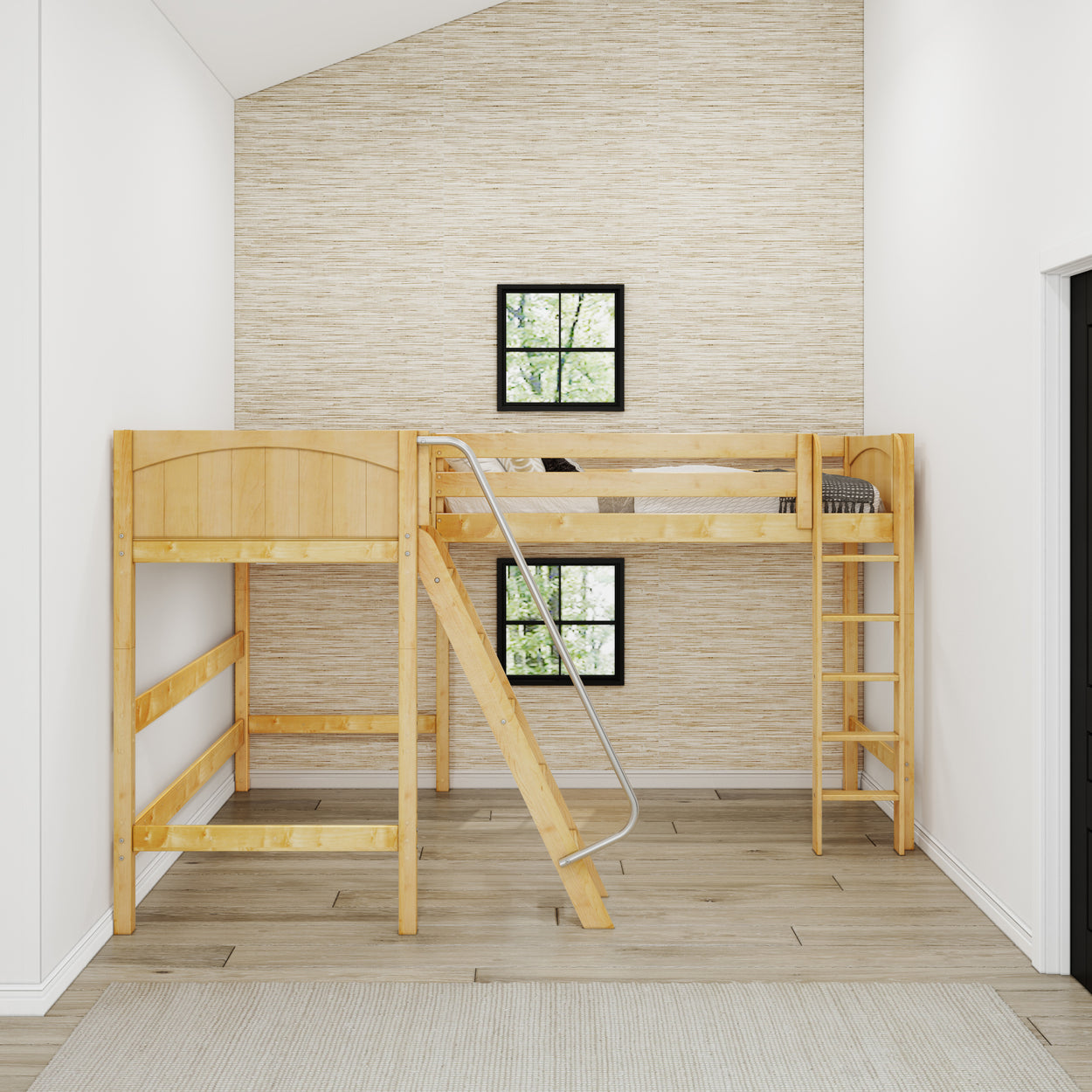 Wooden loft bed with ladder in a modern, minimalist bedroom design featuring beige textured wallpaper.