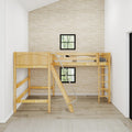 Natural wood bunk bed with ladder in minimalist kids' bedroom featuring a beige textured accent wall and black-framed windows