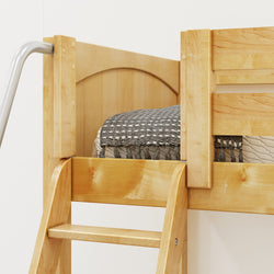 Wooden bunk bed with a cozy grey blanket and ladder.