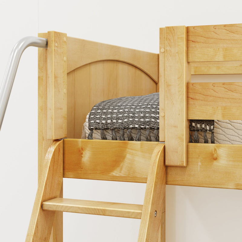 Maple wooden bunk bed ladder close-up with metal safety rail and gray woven blanket on top bunk