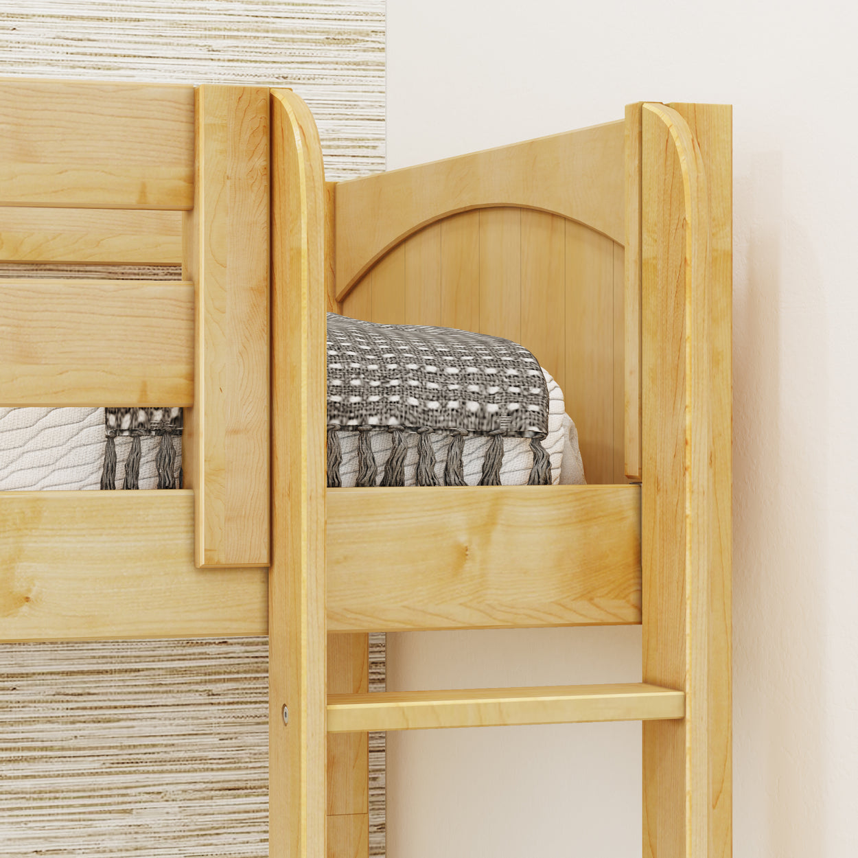 Natural wood loft bed with cozy bedding and white wall background, ideal for modern bedroom decor.
