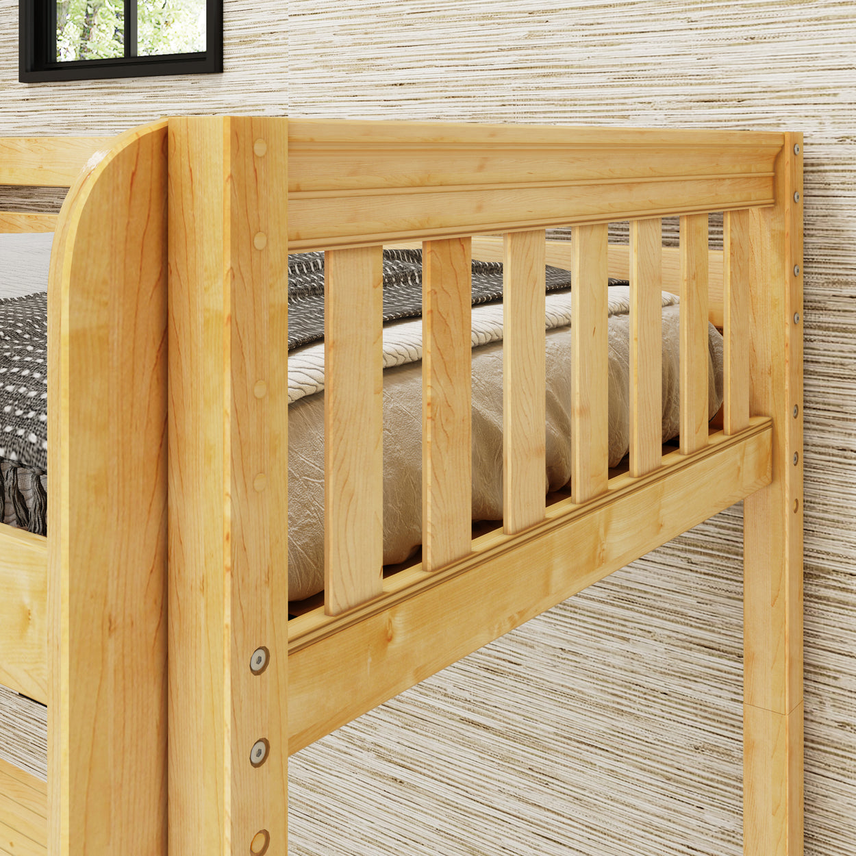 Wooden bunk bed with natural finish in a modern bedroom setting.