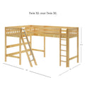 Twin XL over Twin XL natural wood loft bunk bed with angled ladder, slatted guardrails and open under-bed storage space