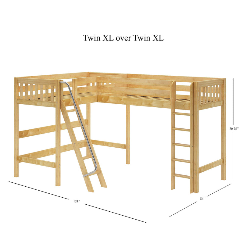 Twin XL over Twin XL natural wood loft bunk bed with angled ladder, slatted guardrails and open under-bed storage space