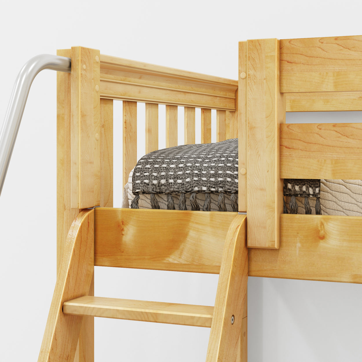 Modern wooden bunk bed with cozy black and white bedding and sturdy ladder for kids' room.