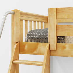 Modern wooden bunk bed with cozy black and white bedding and sturdy ladder for kids' room.