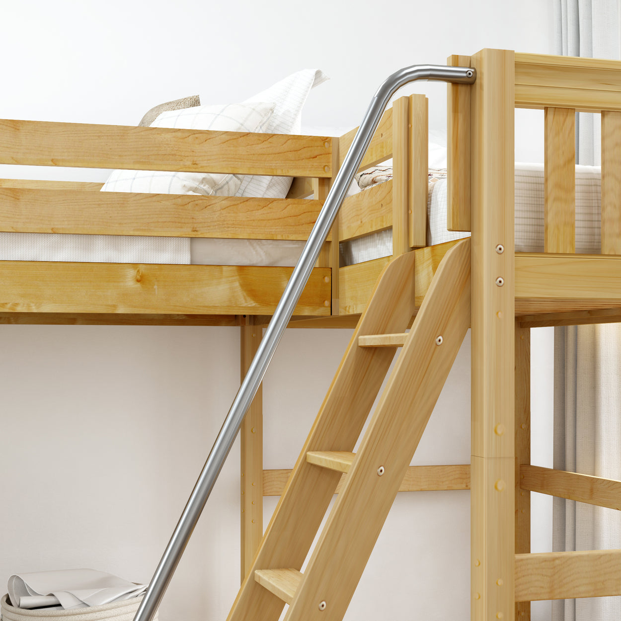 Wooden loft bed with safety rail and ladder in a modern bedroom setting.