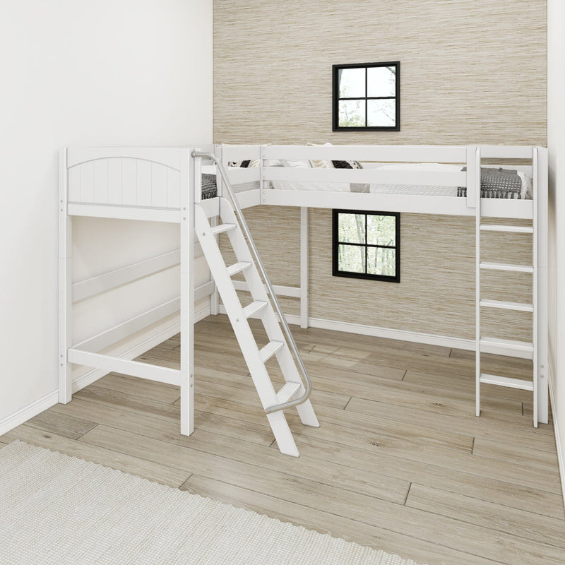 White wooden bunk bed with ladder in a modern neutral kids' bedroom featuring light wood flooring and textured beige wallpaper