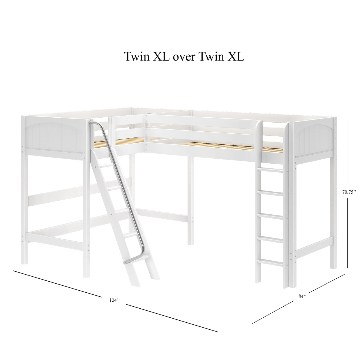 White L-shaped bunk bed frame with ladder, accommodating two Twin XL mattresses measuring 124" x 84" x 70.75".