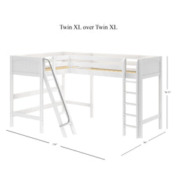 White L-shaped bunk bed frame with ladder, accommodating two Twin XL mattresses measuring 124" x 84" x 70.75".