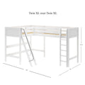White wooden Twin XL over Twin XL loft bed with angled ladder, guardrails and slatted mattress platforms, 124 in x 84 in footprint and 70.75 in height, ideal kids’ bedroom bunk bed