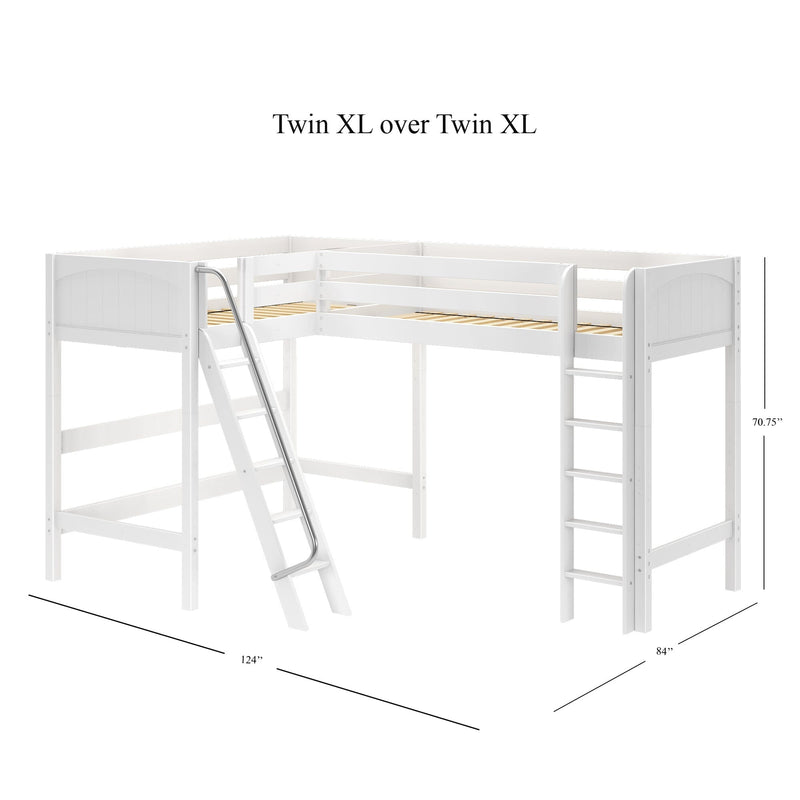 White wooden Twin XL over Twin XL loft bed with angled ladder, guardrails and slatted mattress platforms, 124 in x 84 in footprint and 70.75 in height, ideal kids’ bedroom bunk bed