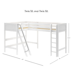 White wooden L-shaped Twin XL over Twin XL loft bed with two ladders, guardrails and metal handrail, space-saving kids' bunk, 124×84×70.75 in