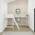 White wooden loft bunk bed with ladder in a minimalist kids bedroom featuring beige grasscloth wallpaper, black-framed windows and hardwood floors