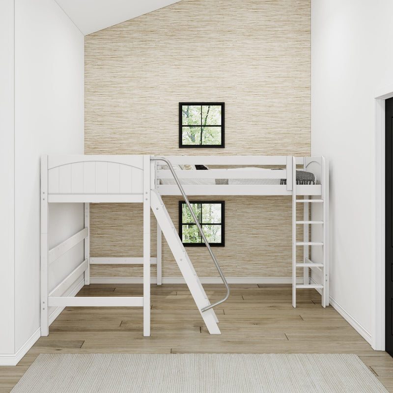 White wooden loft bunk bed with ladder in a minimalist kids bedroom featuring beige grasscloth wallpaper, black-framed windows and hardwood floors