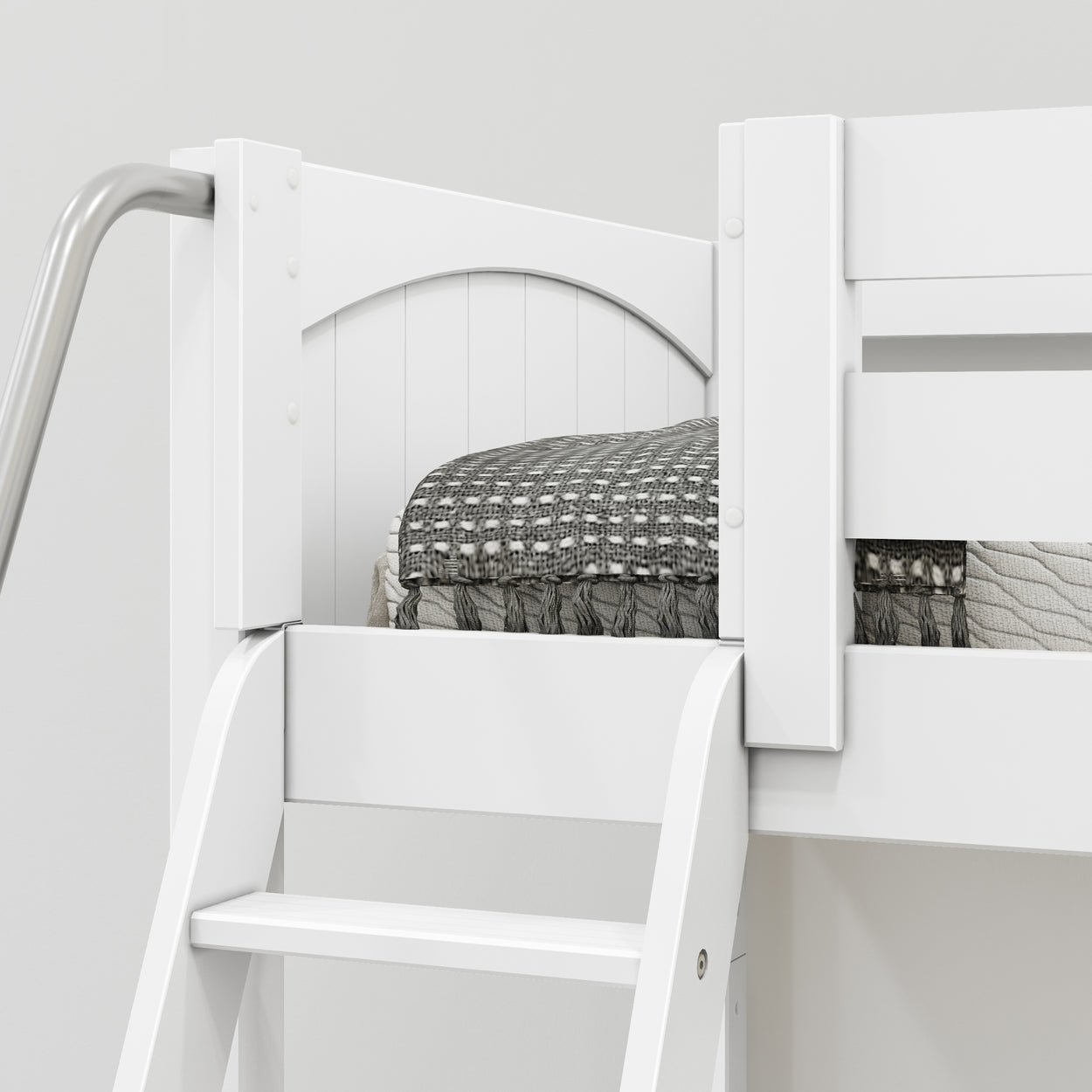 White bunk bed with ladder and patterned grey bedding, ideal for children's room.