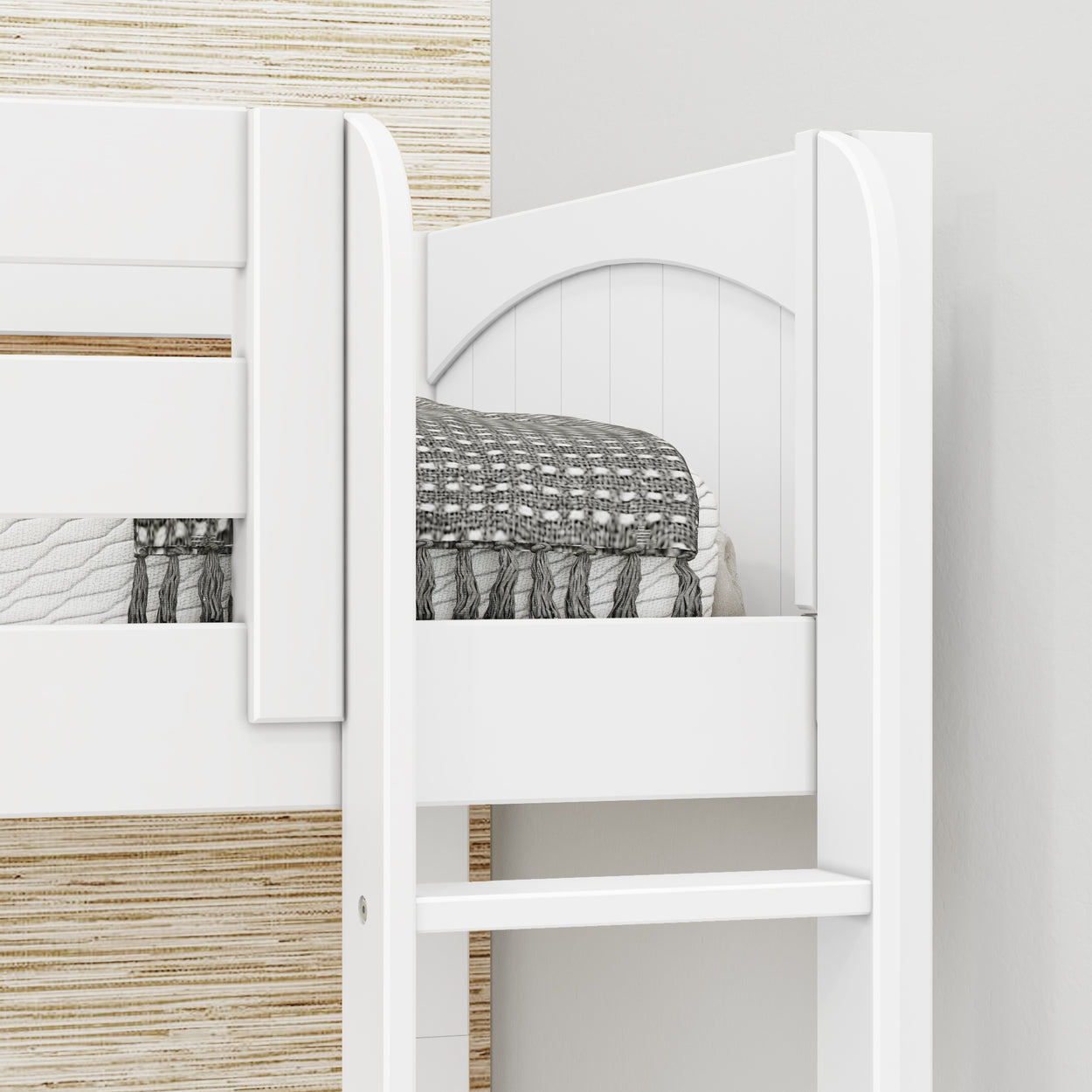 White bunk bed with gray textured bedspread in minimalist bedroom.
