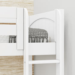 White bunk bed with gray textured bedspread in minimalist bedroom.