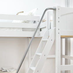 White wooden loft bed with metal safety rail and ladder in modern bedroom.
