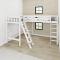 White loft bunk bed with ladder in a neutral kids bedroom with wood floors, textured beige accent wall, and black-framed windows