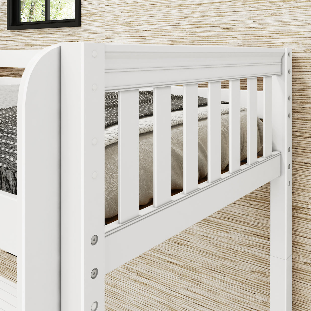 White wooden bunk bed frame with modern railing design in a cozy bedroom setting.