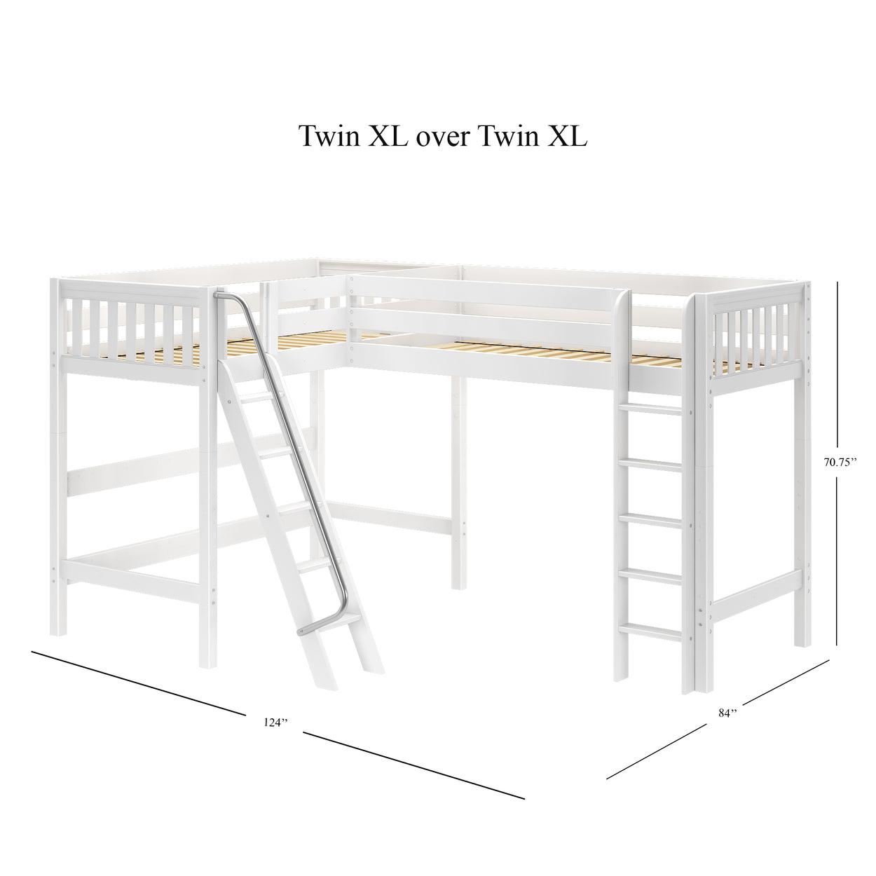 White twin XL over twin XL L-shaped loft bed with built-in ladder and slide, 124 inches wide, 84 inches long, and 70.75 inches high.